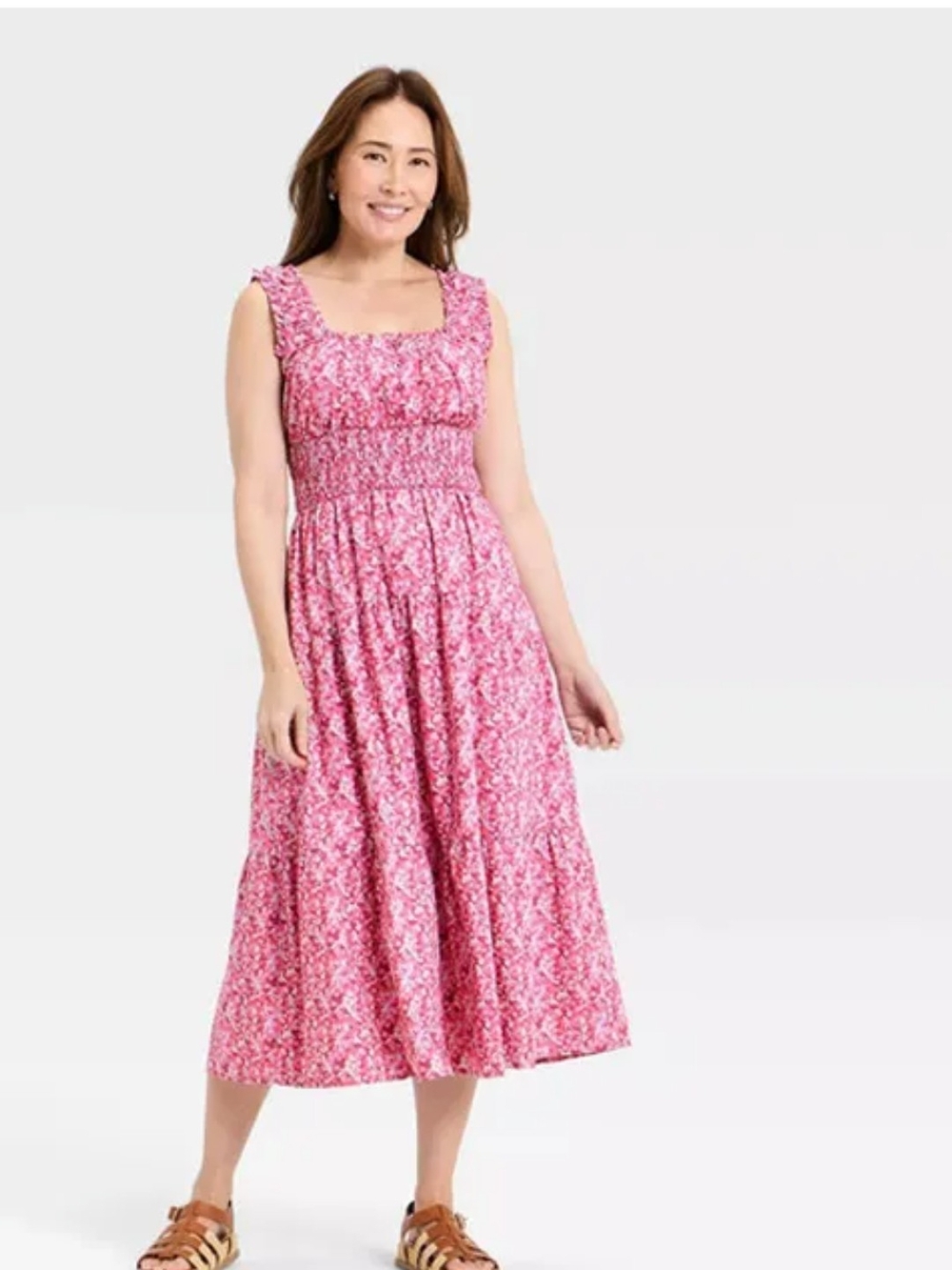 Pink Floral Smocked Midi Dress - Women Universal Thread Medium